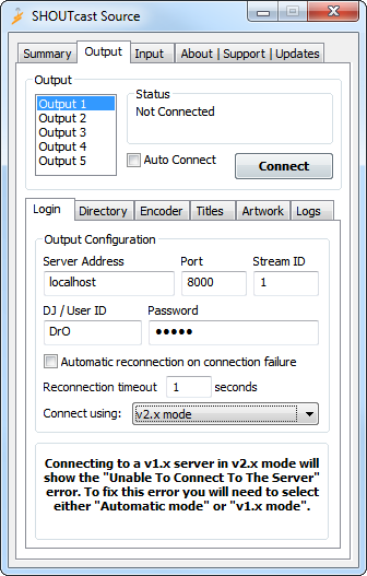 Shoutcast Source Output Connection Tab in v2 mode