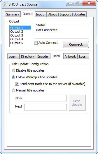 Shoutcast Source Output Titles Tab